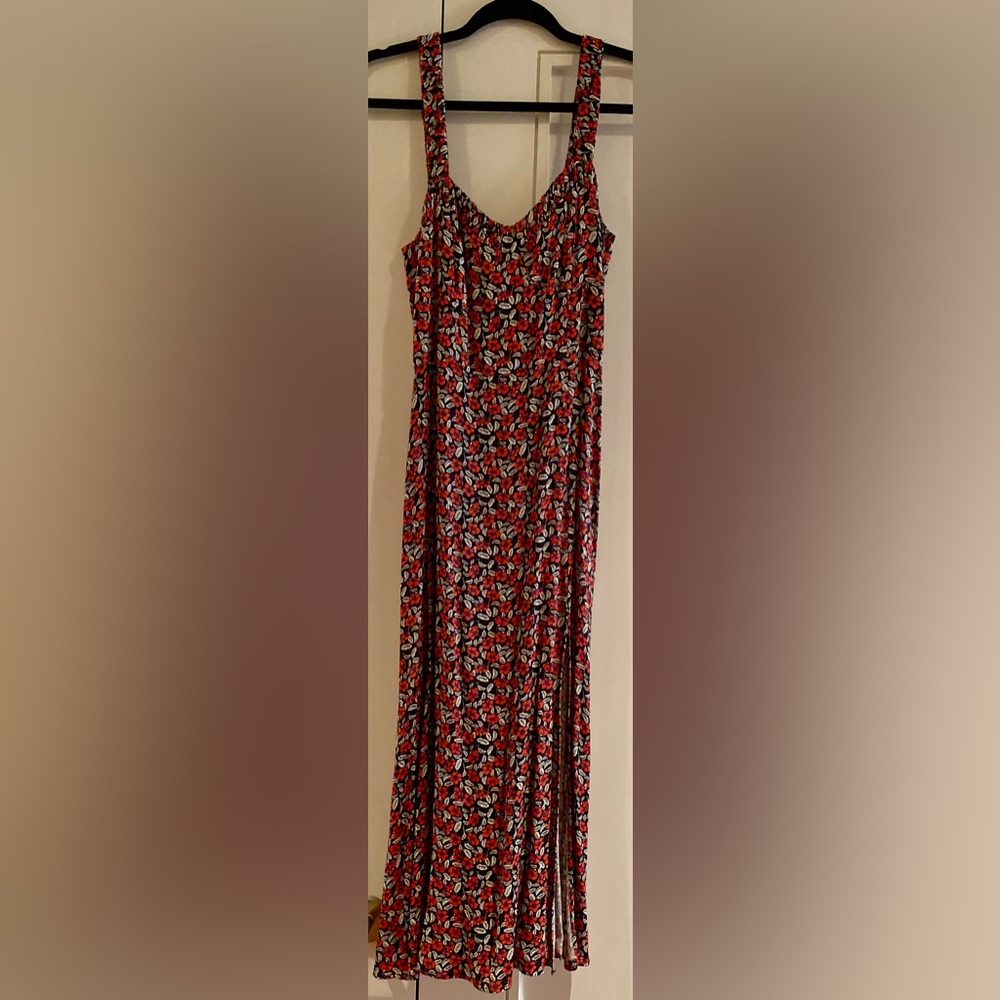 Zara Red & Black Floral Midi Dress with Thigh-High Slit - Size Small